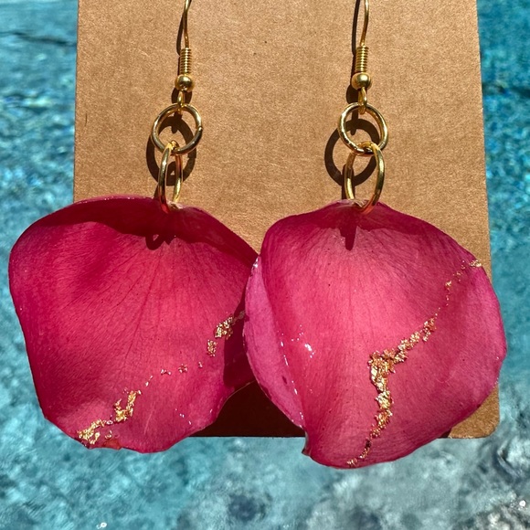 Original Pink Rose Petal Earrings with Gold Flake - Picture 5 of 5